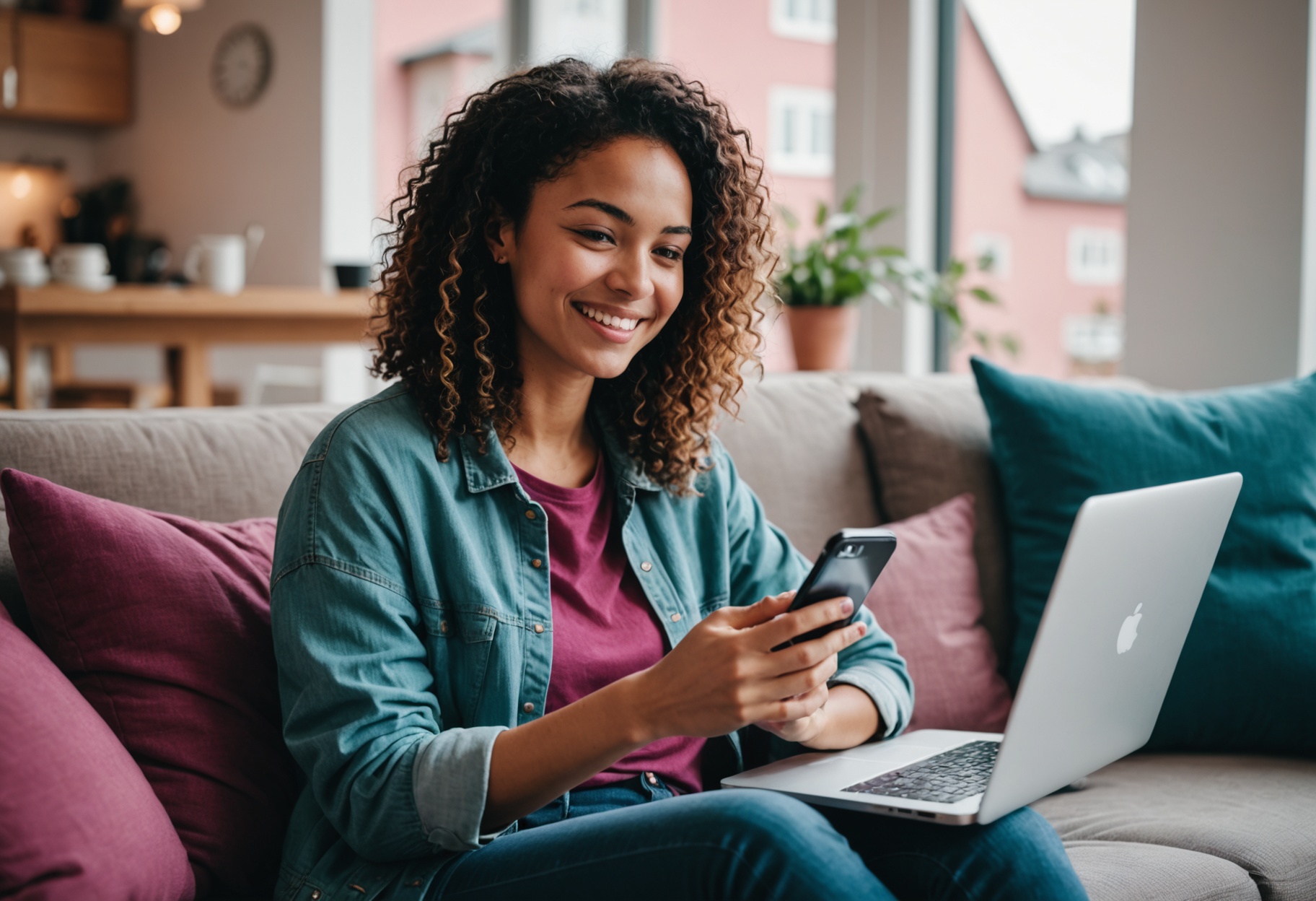 Une personne répond à des sondages rémunérés depuis son smartphone, à côté de son ordinateur portable